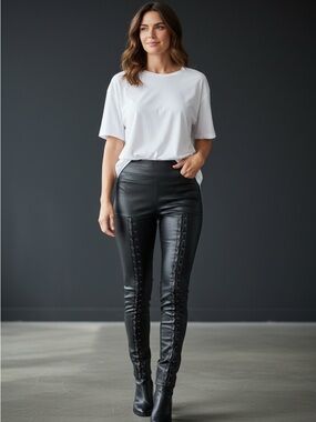Bebe Vintage Stirrup Faux Leather Lace Up High Waist Pants  Black size small
